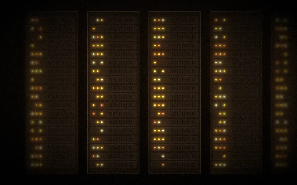 Rack of Bitcoin nodes with amber status lights